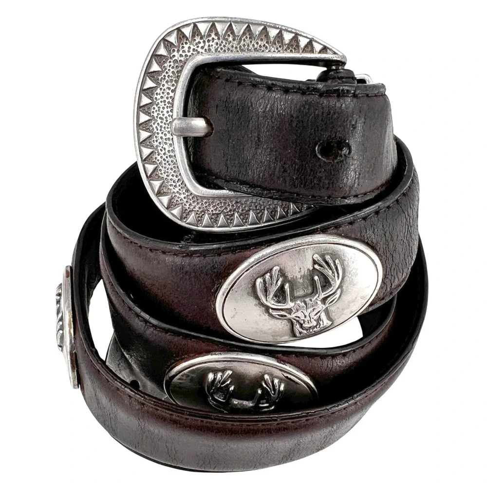 Vintage Mens Concho Belt 38 Italian Leather Western Stag Etched Pewter Brown